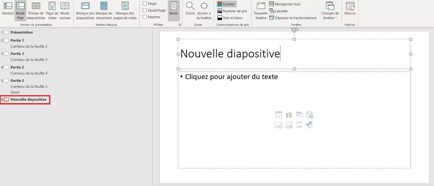 mode plan de Powerpoint : ajouter une nouvelle diapositive