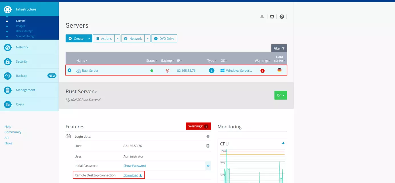 Cloud Panel de IONOS : données d’accès du serveur Rust et informations