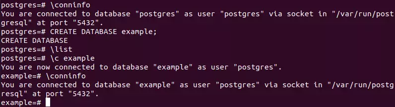 Entrées permettant de créer une nouvelle base de données PostgreSQL et d’y accéder avec les commandes présentées dans le terminal d’Ubuntu 20.04