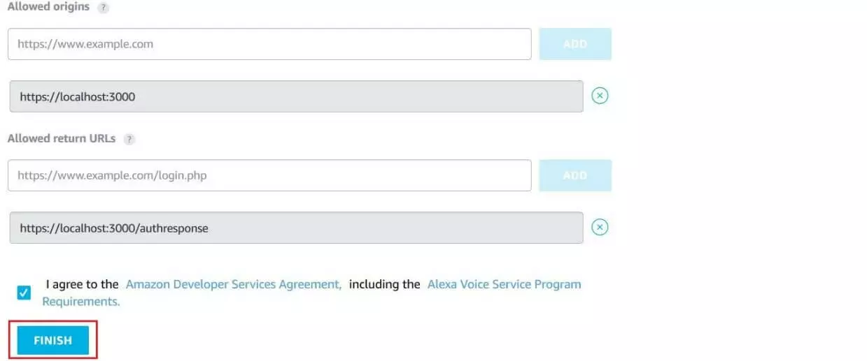 Saisie des URL d'authentification LWA dans le cadre du processus d’enregistrement