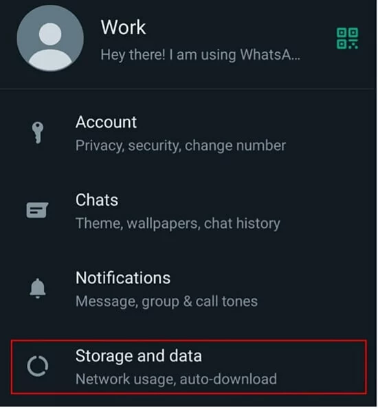 WhatsApp : « Stockage et données » dans « Paramètres »