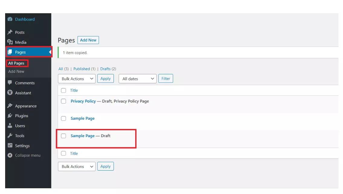 Back-office de WordPress : fenêtre « Pages > Toutes les pages » avec une page dupliquée 