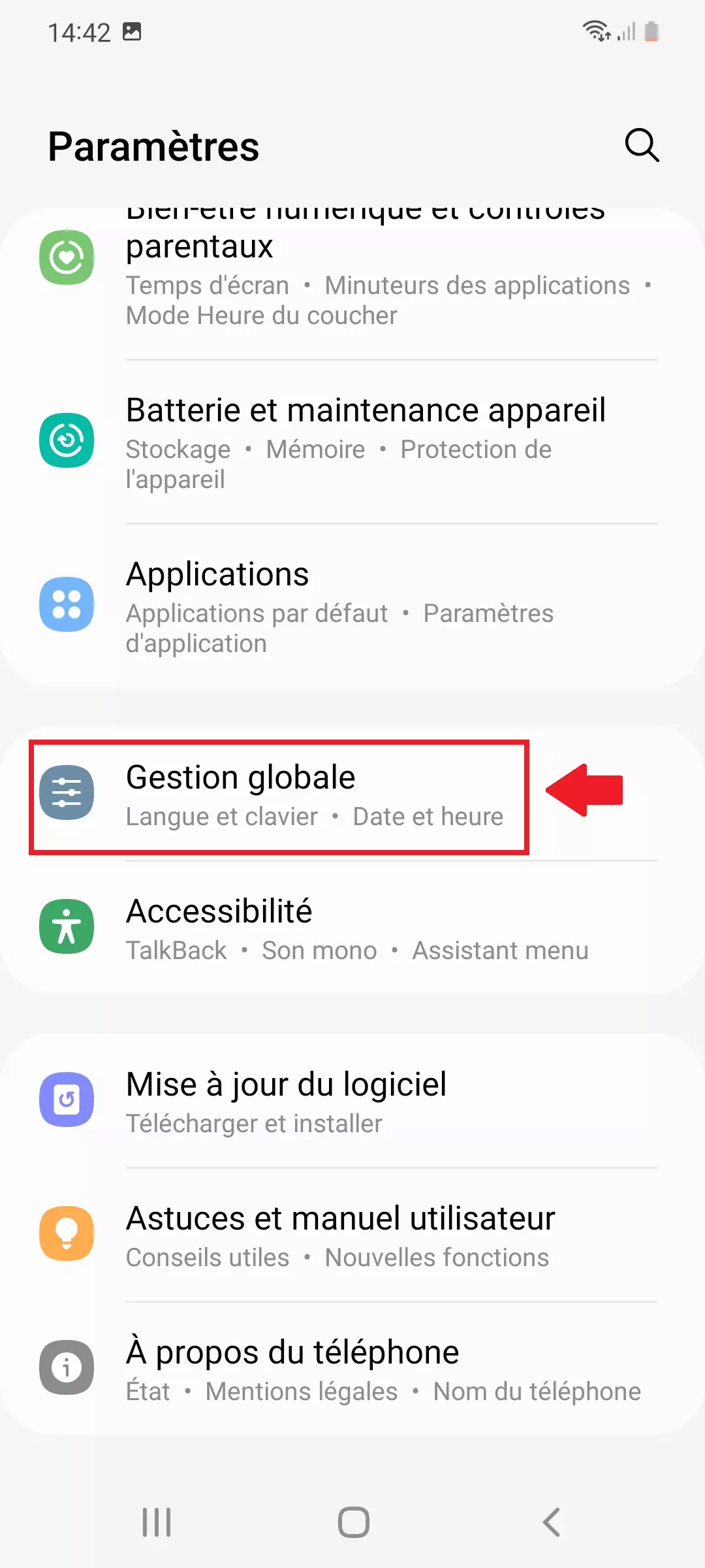 Élément de menu « Langue et clavier » dans les paramètres de gestion globale d’Android