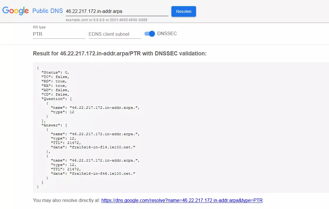 Vérifier un record PTR avec Google Public DNS