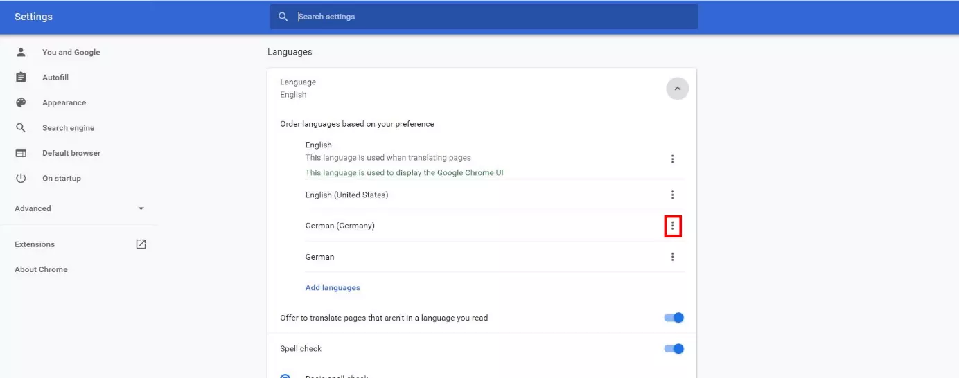 Choix de la langue dans le menu « Langues » de Google Chrome