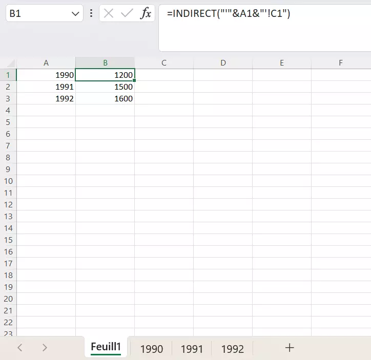 Exemple : fonction Excel INDIRECT permettant d’afficher des valeurs contenues sur une autre feuille de calcul