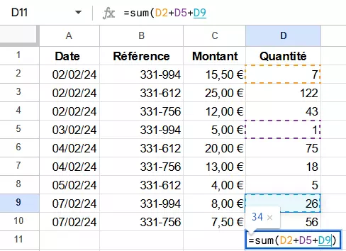 Capture d’écran d’une formule avec fonction intégrée dans Google Sheets