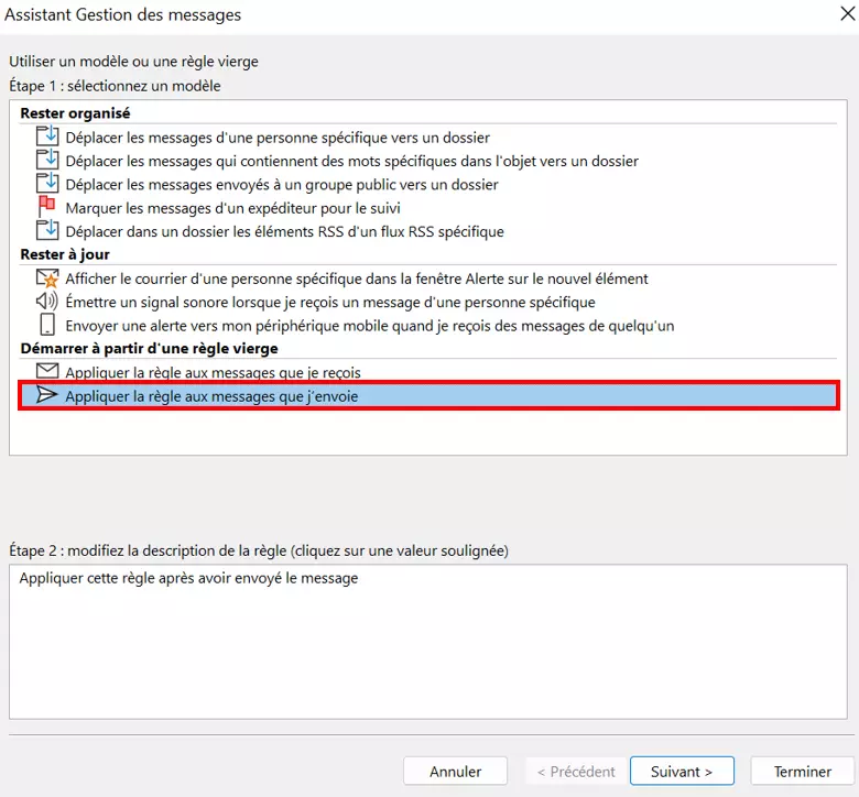 Assistant Gestion des messages : créer une nouvelle règle