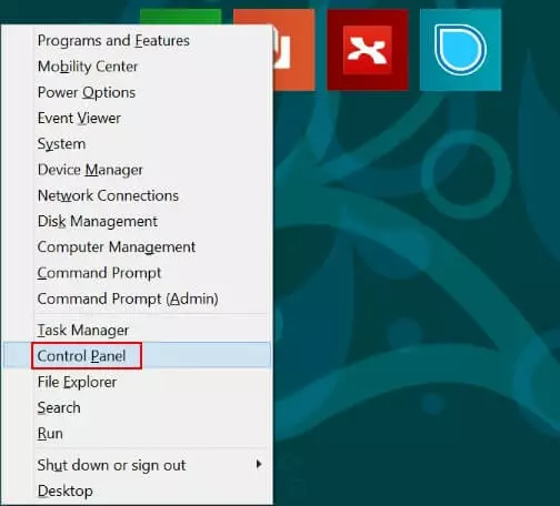 Menu de Windows 8, par lequel on peut accéder au Panneau de configuration (Control Panel dans la version anglaise)