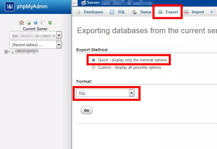 Aperçu de la fonction « Export » dans phpMyAdmin