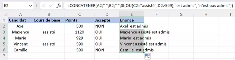 Excel : combinaison des fonctions SI OU et CONCATENER