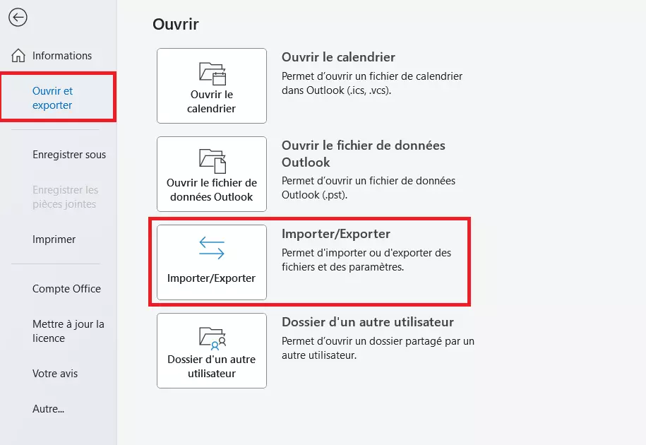 Options du menu « Fichier » dans Microsoft Outlook