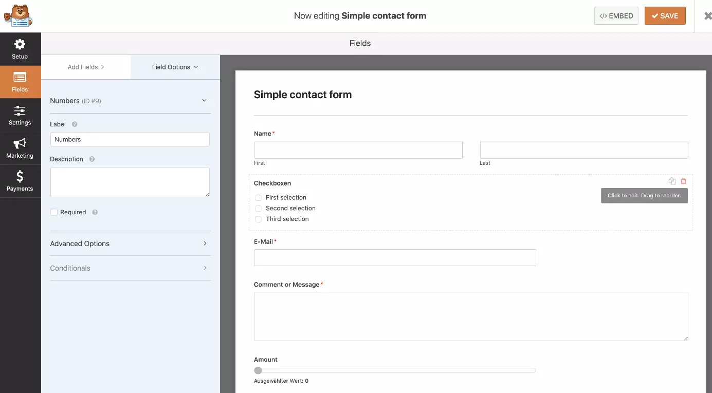 L’éditeur drag-and-drop intuitif du plugin WPForms pour formulaire de contact WordPress