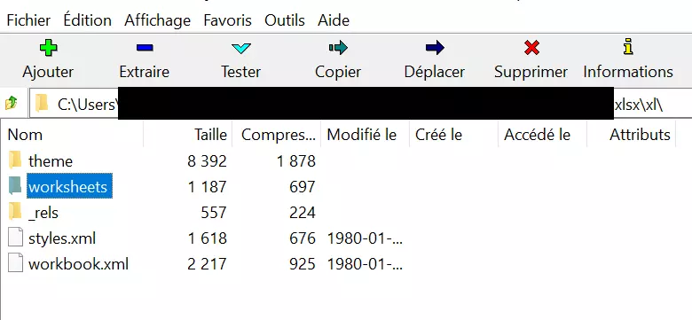 Illustration du fichier Excel, répertoire « xl » ouvert dans le programme 7-Zip