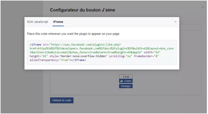 Code du bouton créé dans la variante iFrame