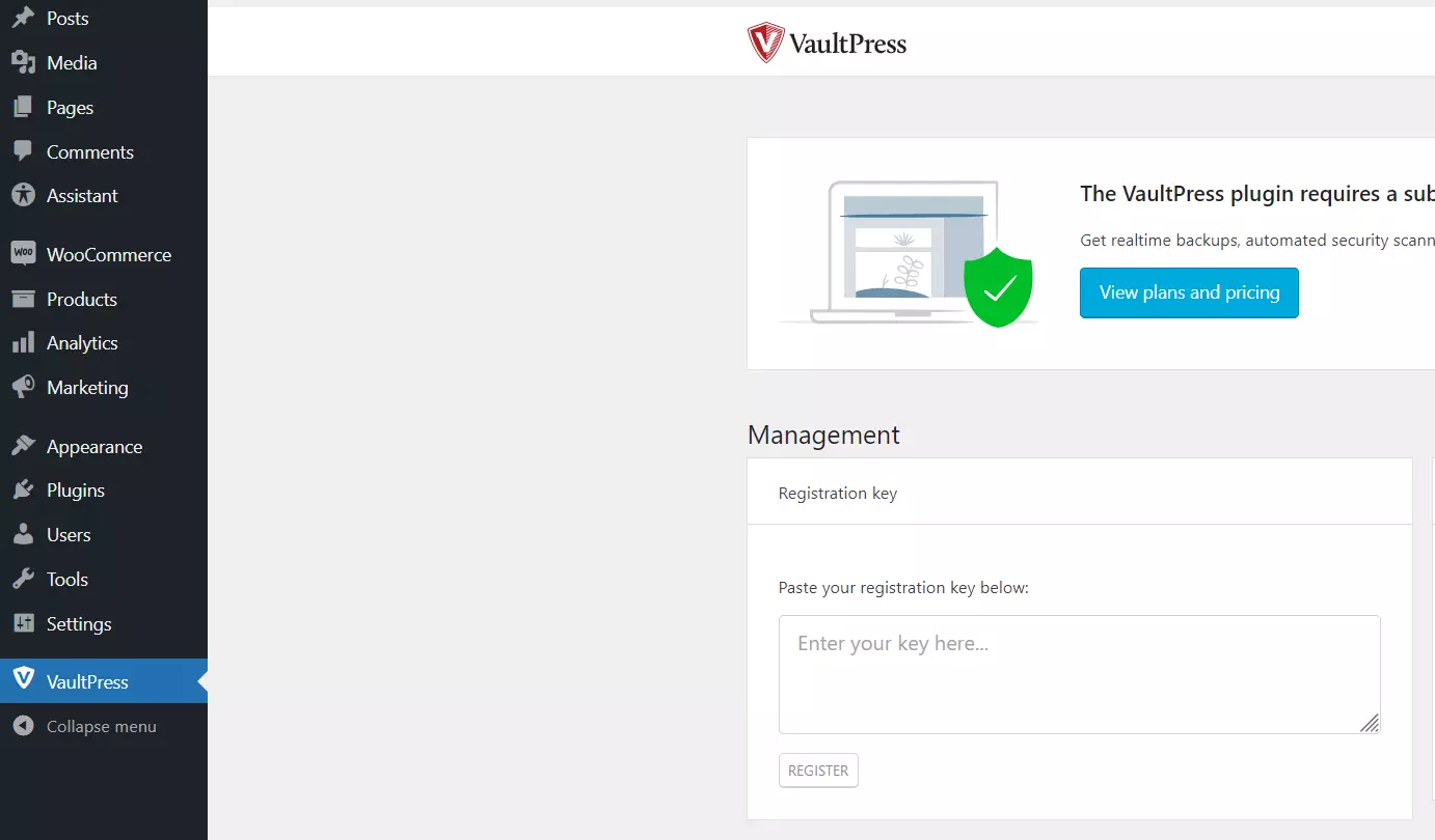 VaultPress dans le backend de WordPress