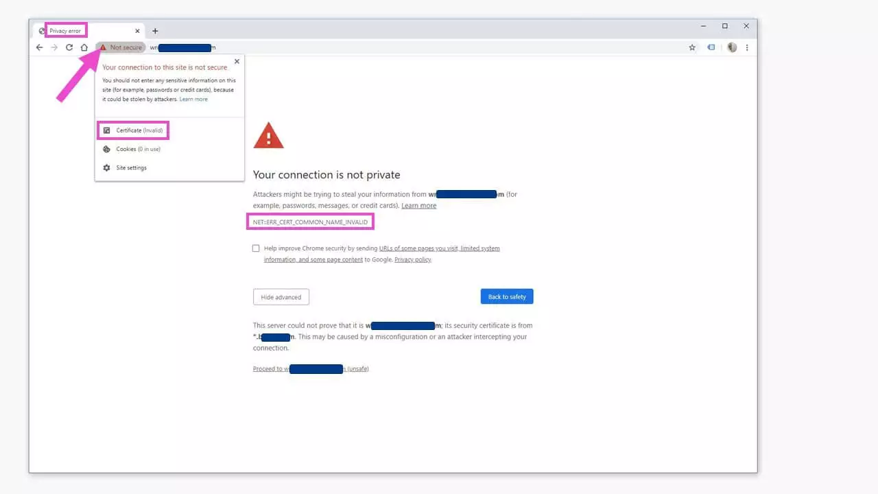 Message d’erreur « ERR_CERT_COMMON_NAME_INVALID » dans le navigateur Chrome
