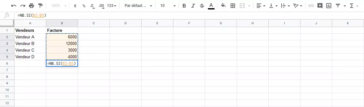 COUNTIF Google Sheets : valeurs sélectionnées 