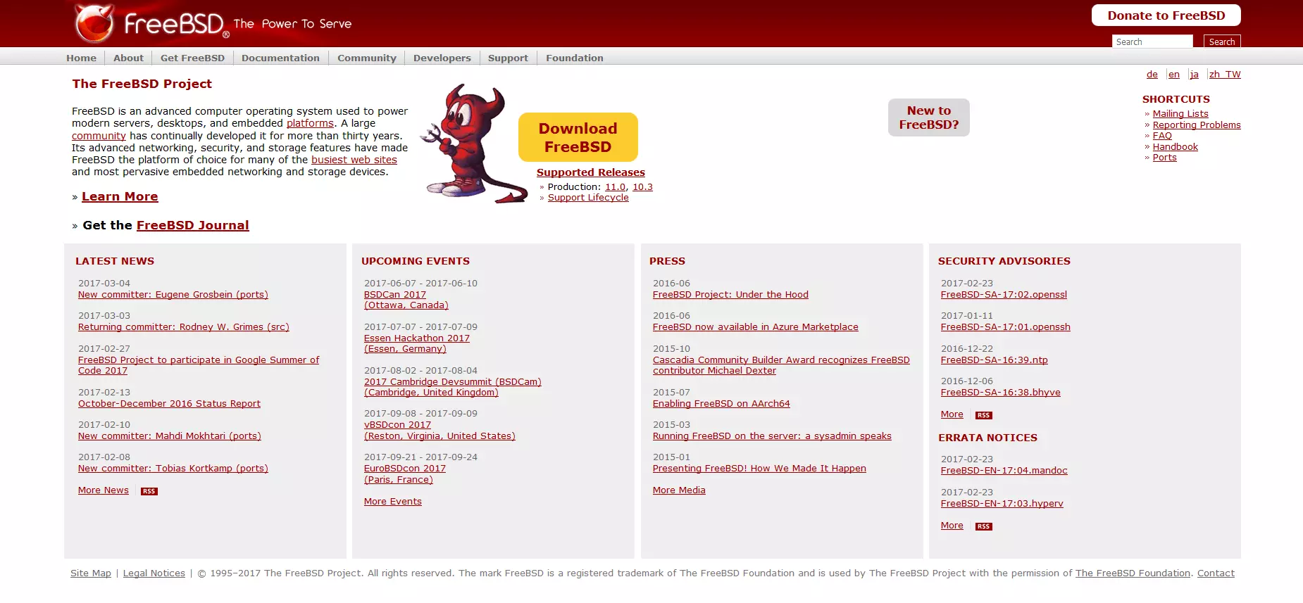 Page d’accueil du projet open source FreeBSD