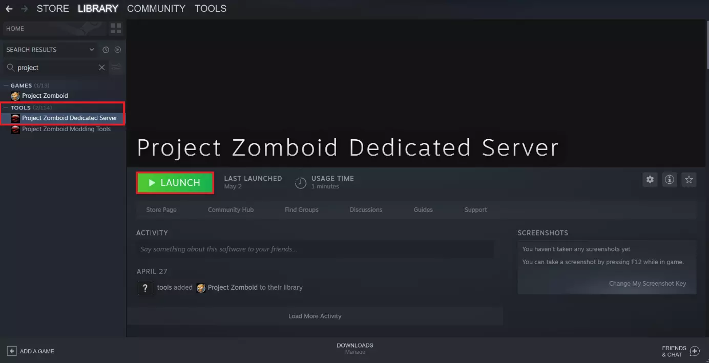 Page d’accueil de l’application serveur dédié Project Zomboid sur Steam