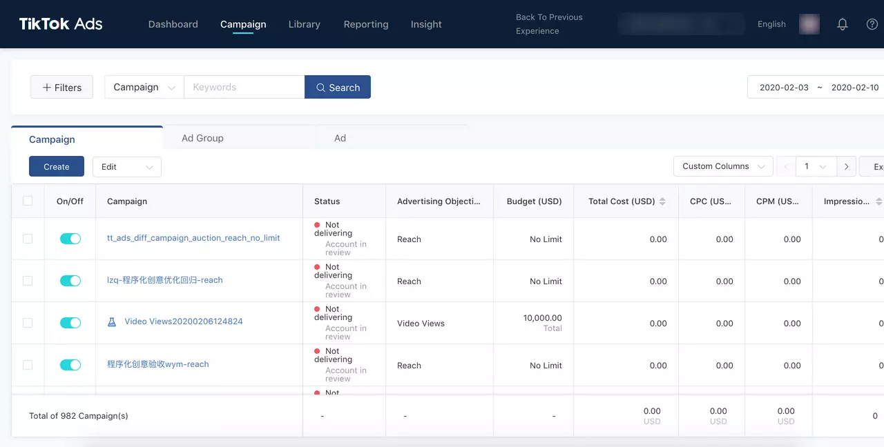 Vue d’ensemble des campagnes dans TikTok Ads.