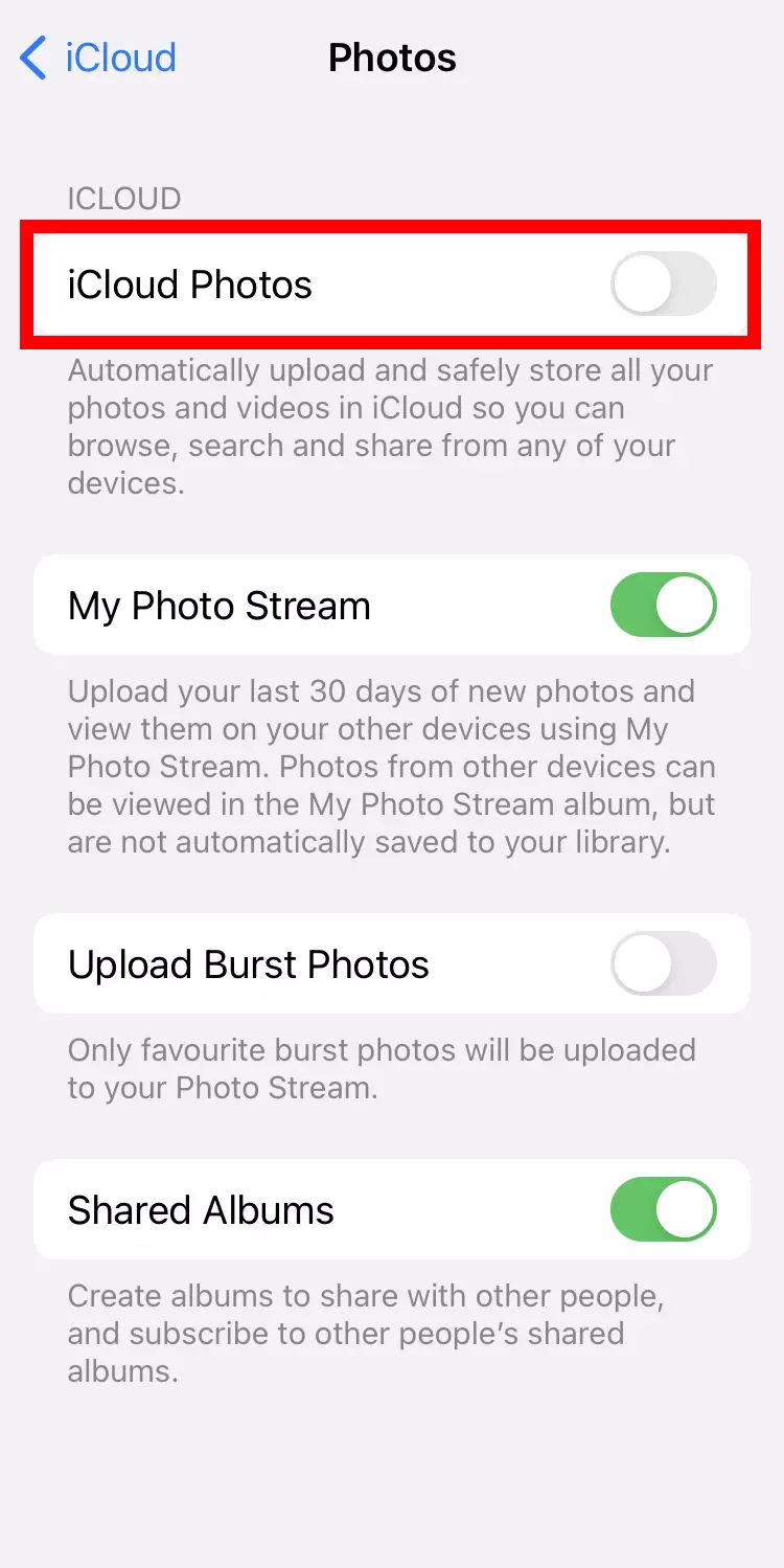 Capture d’écran de la fonctionnalité « Photos iCloud » de l’iPhone