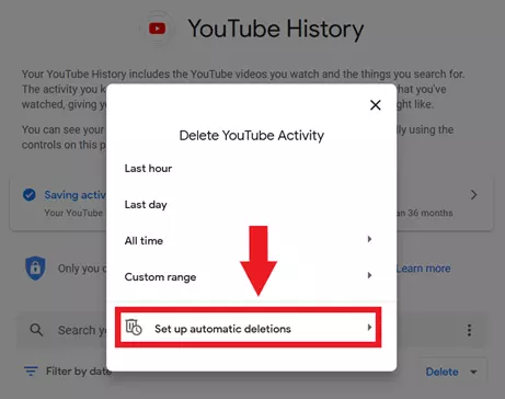 Bouton YouTube : « Configurer les suppressions automatiques »