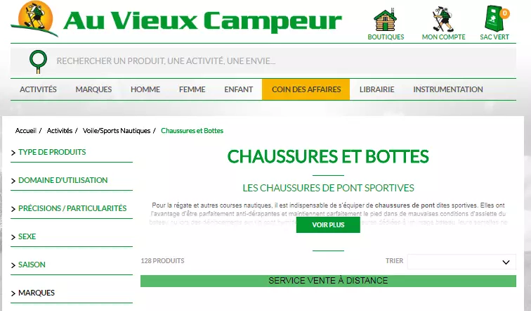 sous-page de la boutique en ligne Au Vieux Campeur avec la navigation Breadcrumbs