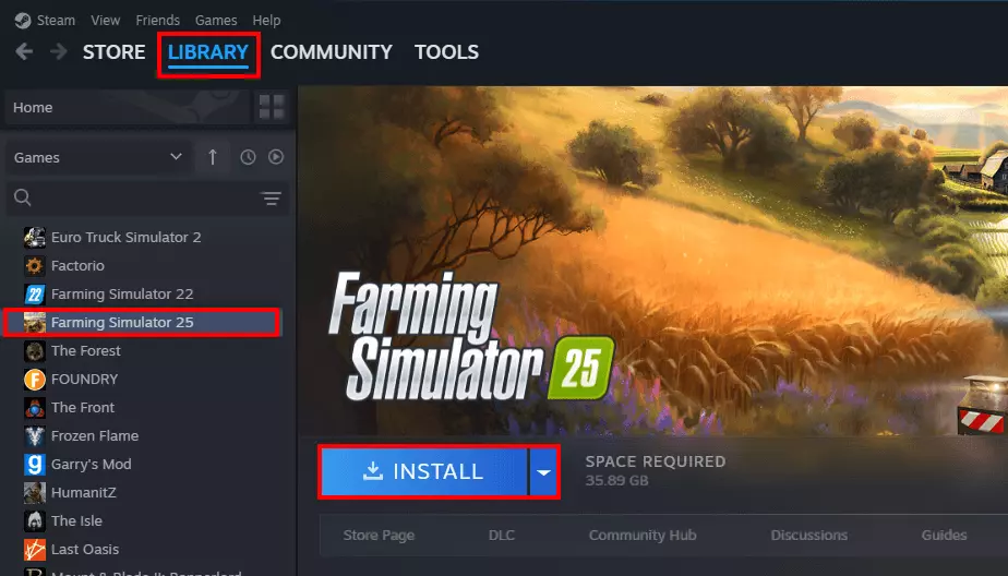 Installation de FS25 dans Steam