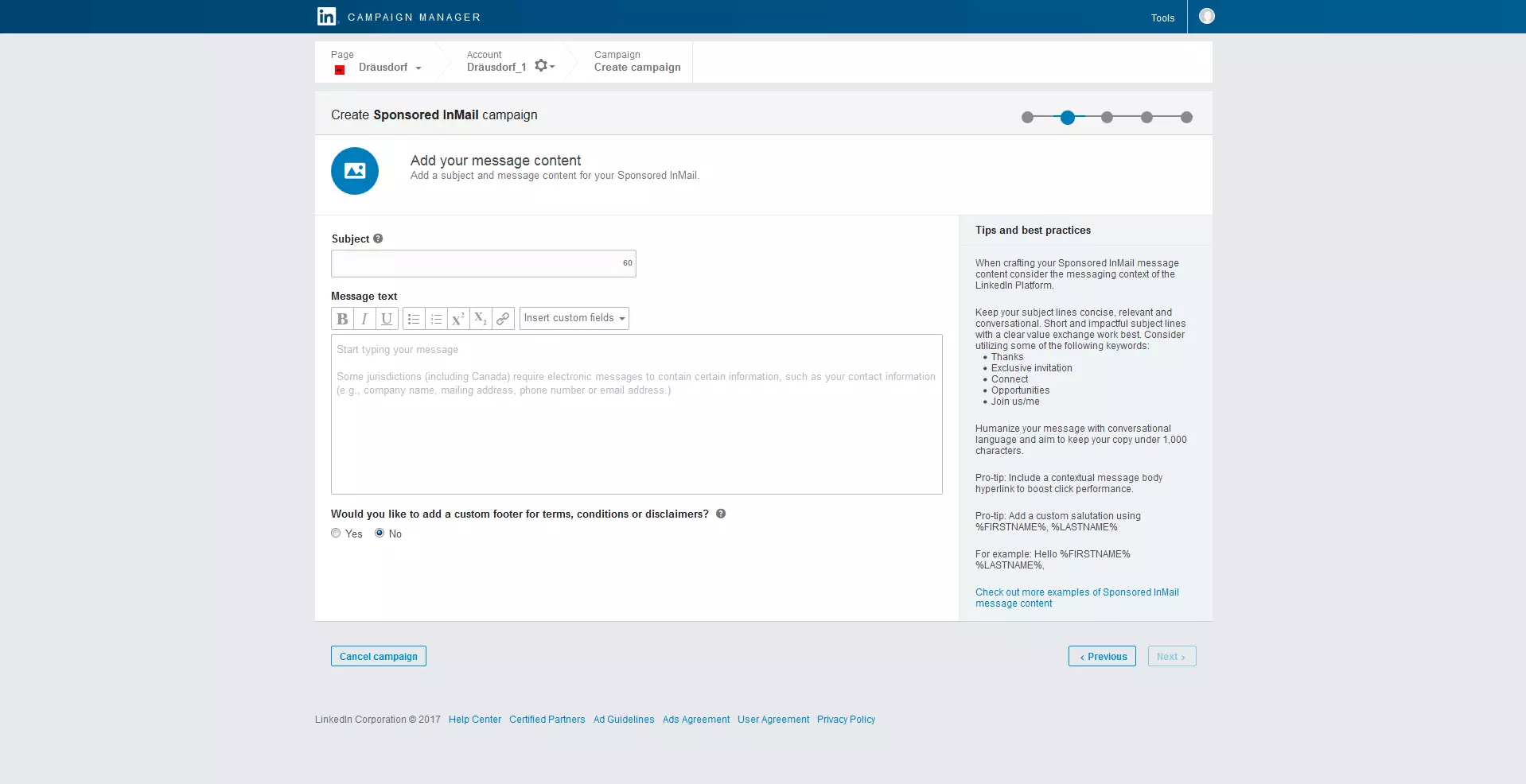 Masque de saisie pour écrire des InMails sponsorisés sur LinkedIn