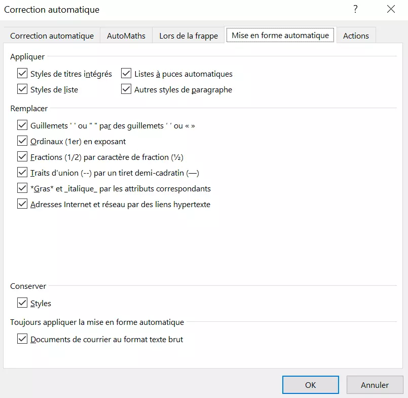 Options Outlook « Mise en forme automatique » et « Lors de la frappe »