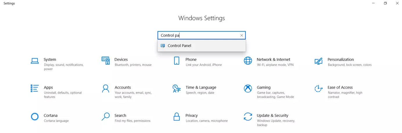 Le Panneau de configuration est accessible via le champ de recherche dans les paramètres de Windows (Windows Settings)