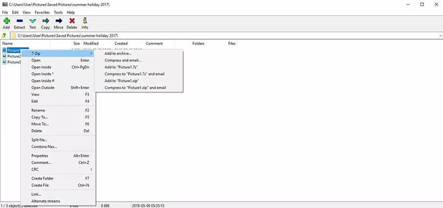 Interface utilisateur de 7-Zip avec le menu contextuel ouvert et un sous-menu