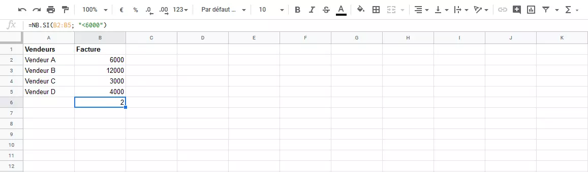 Résultat de la fonction NB.SI Google Sheets 