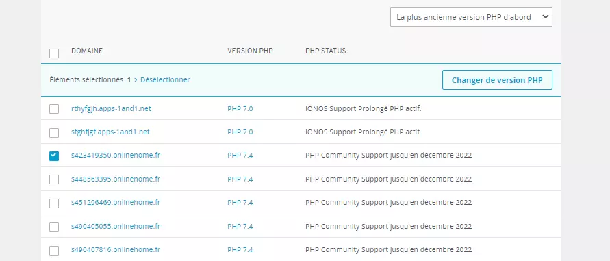 Statut PHP des domaines dans le panneau de configuration IONOS