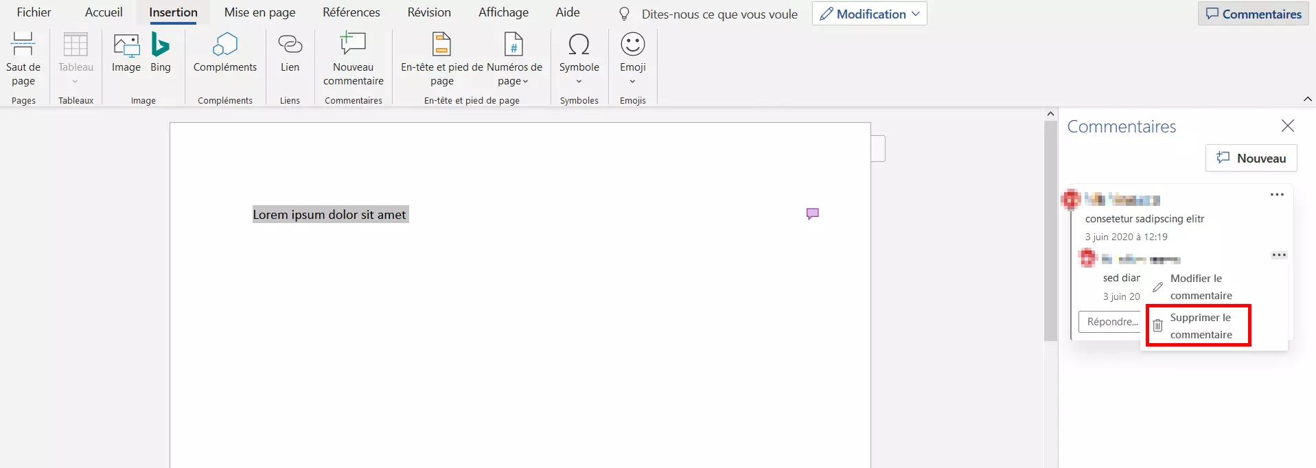 Supprimer un commentaire inséré dans Word 2016