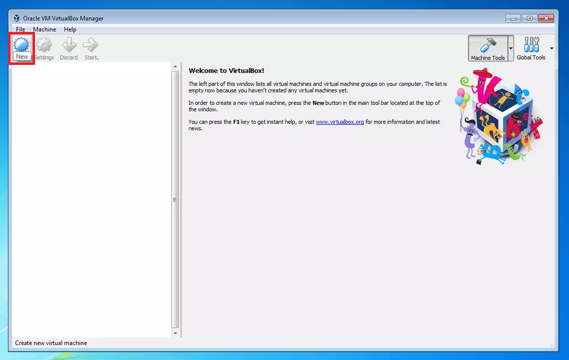 Interface « New » du gestionnaire d’Oracle VM VirtualBox