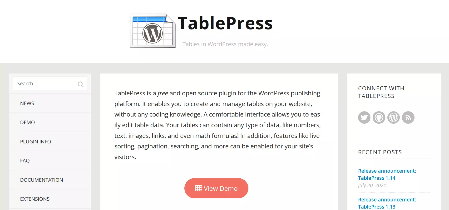 Capture d’écran du site Web du plugin de tables WordPress TablePress