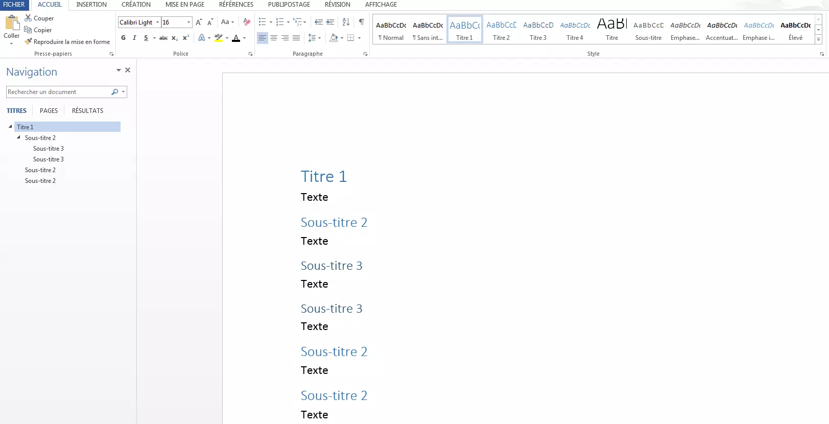 Trois différents niveaux de titre grâce aux styles Word.