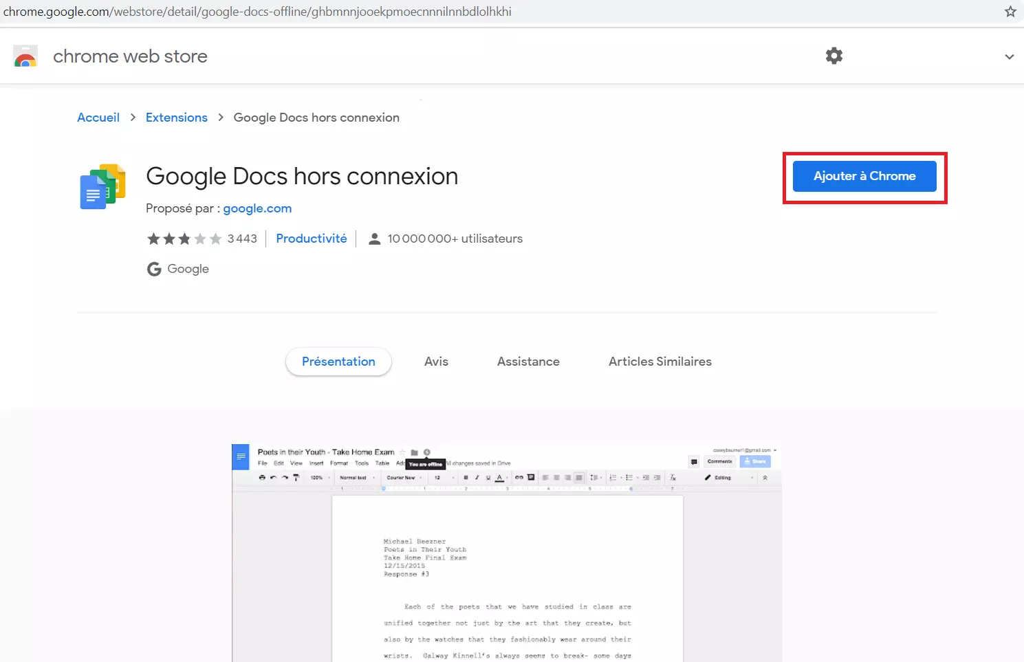 Chrome Web Store : bouton d’installation de l’extension Google Docs hors connexion