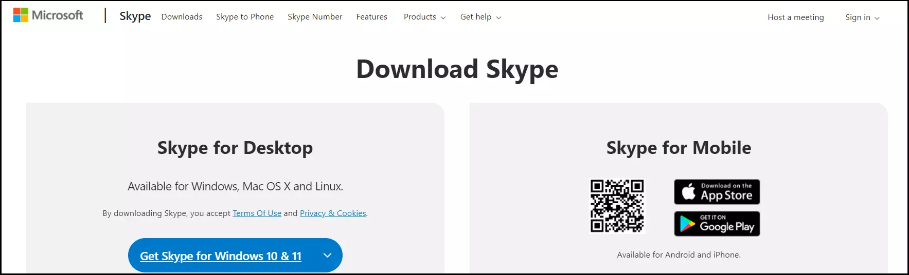 Page de téléchargement de Microsoft pour Skype