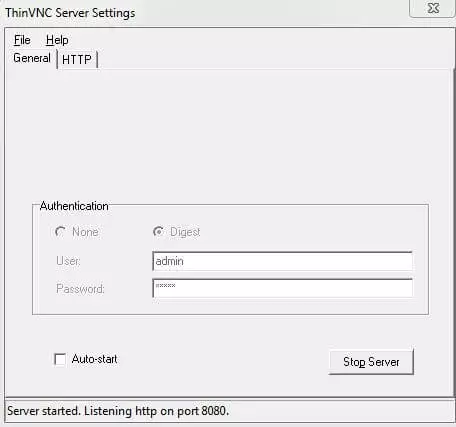 ThinVNC : Menu de configuration du serveur