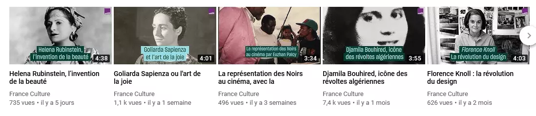 Exemples de miniatures de la chaîne YouTube de France Culture