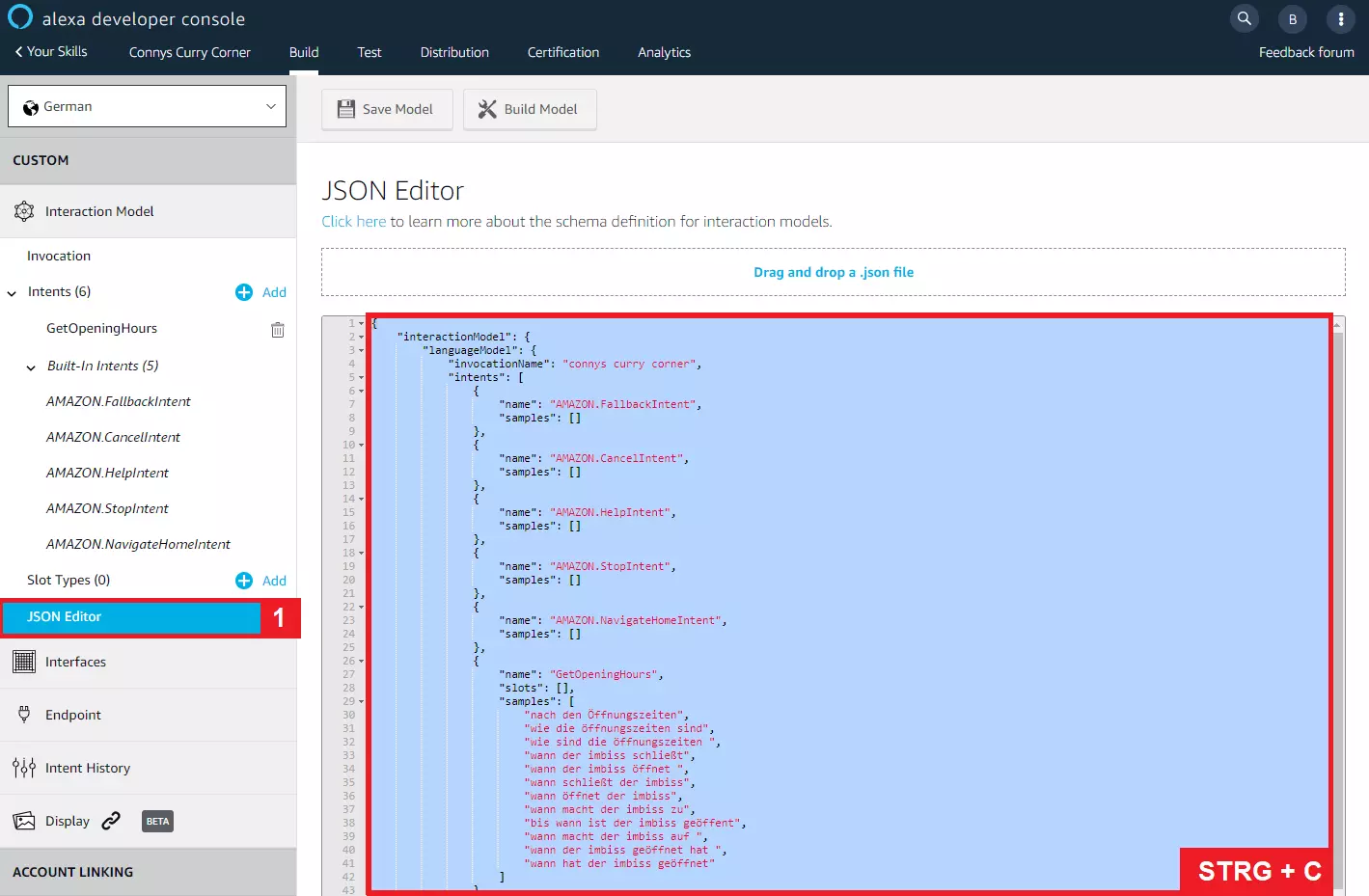 Le modèle d’interaction de la compétence dans l’éditeur JSON.