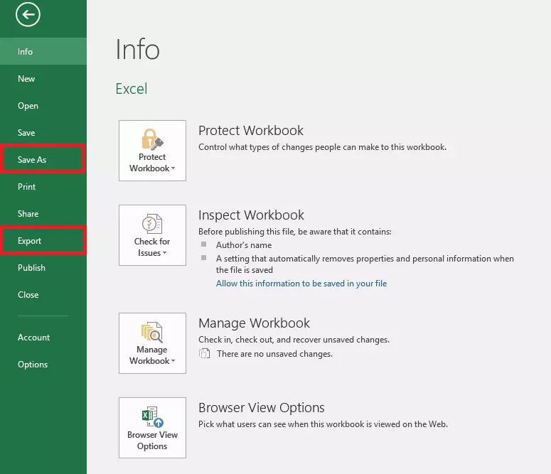 Capture d’écran MS Excel : « Enregistrer sous » ou bien « Exporter »