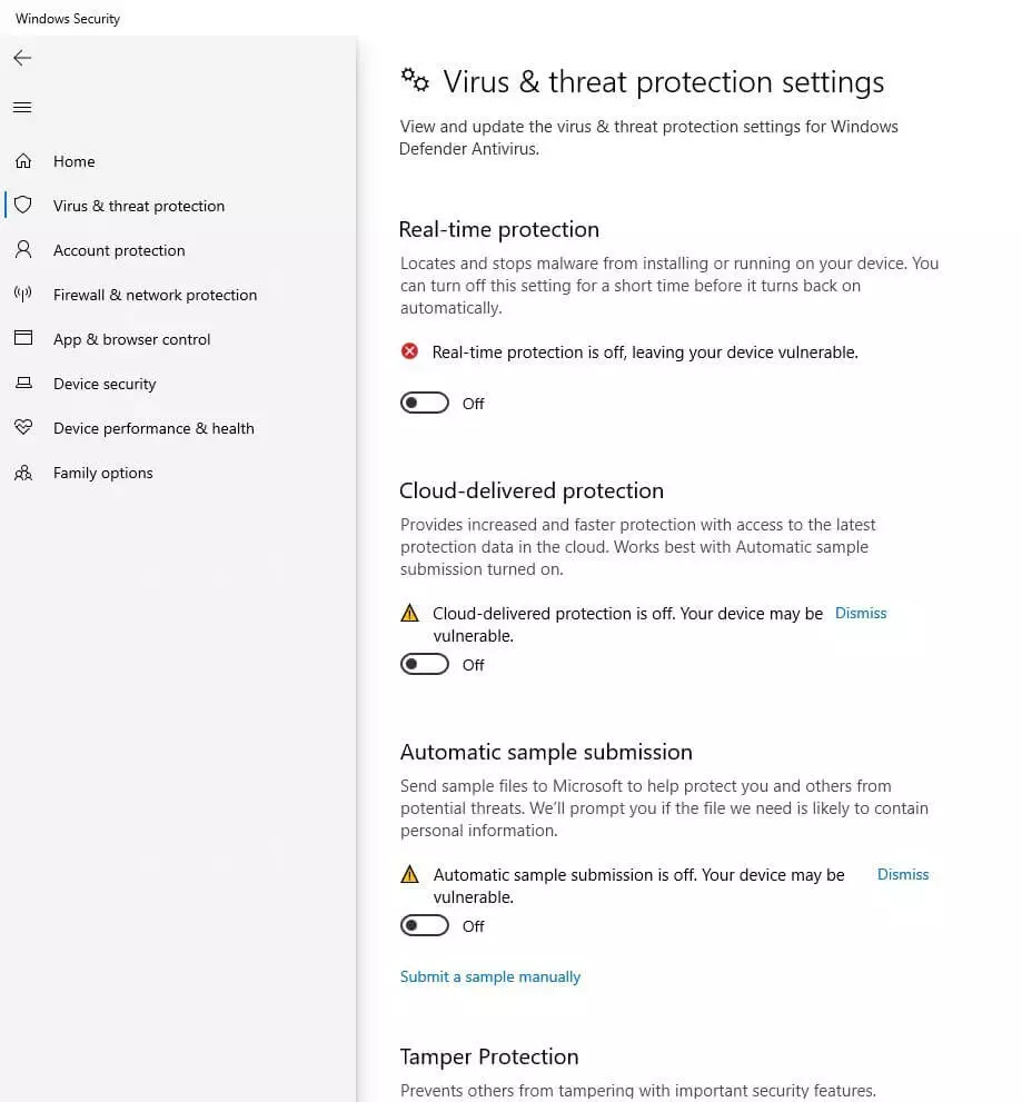 Avertissements lors de la désactivation de Windows Defender