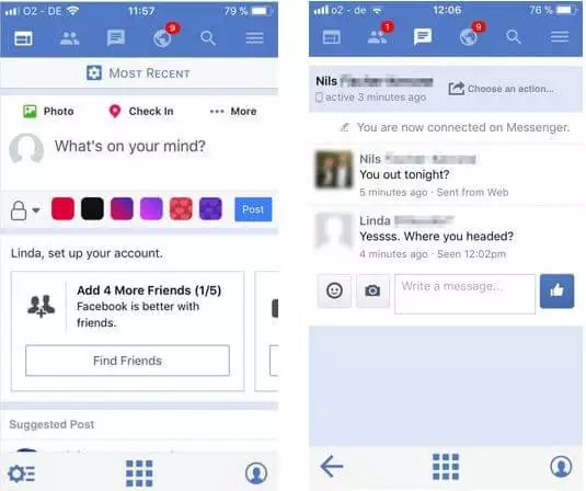 Messenger et fil d’actualité dans Friendly