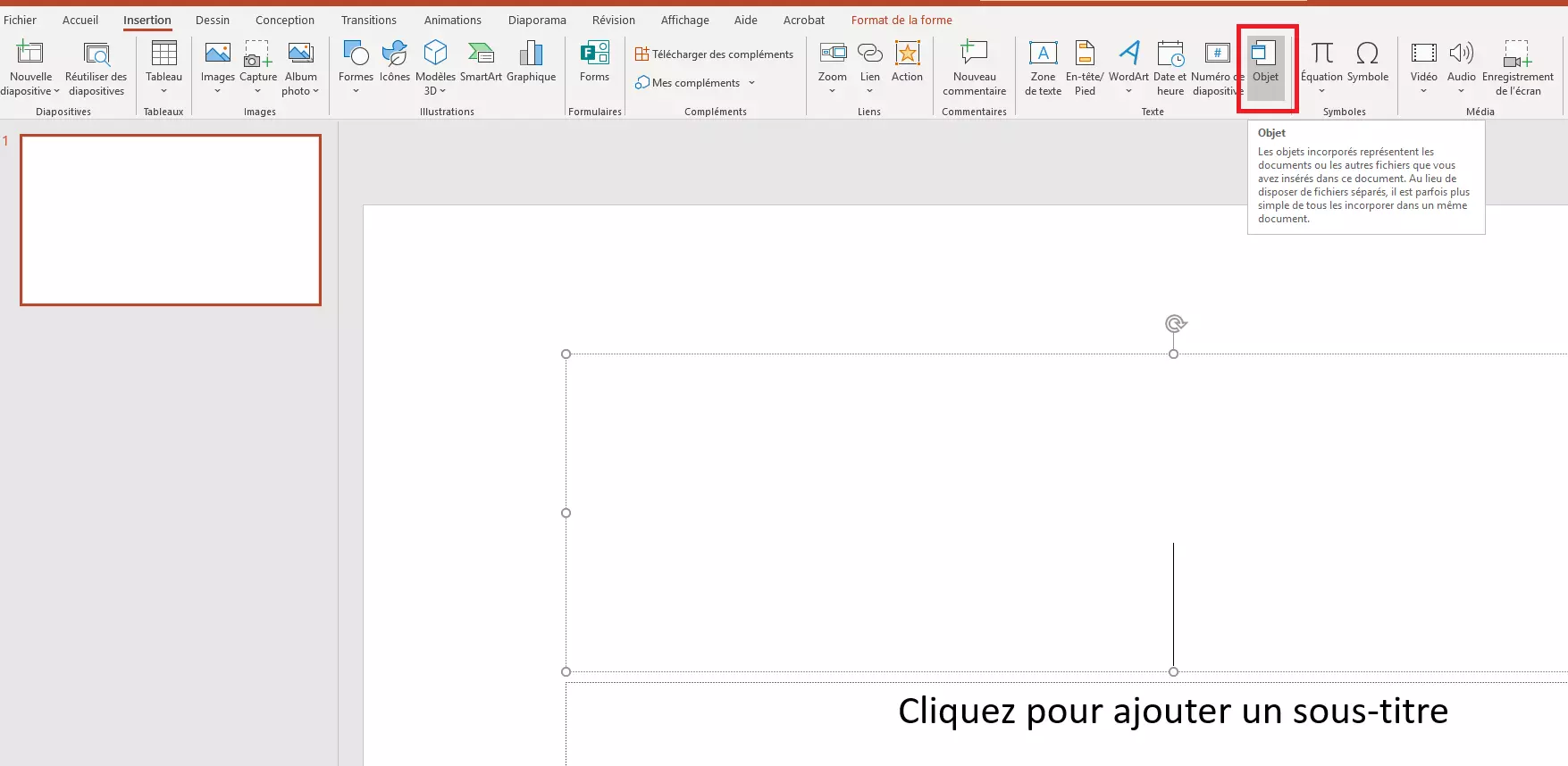 Onglet « Insertion » : bouton « Objet »