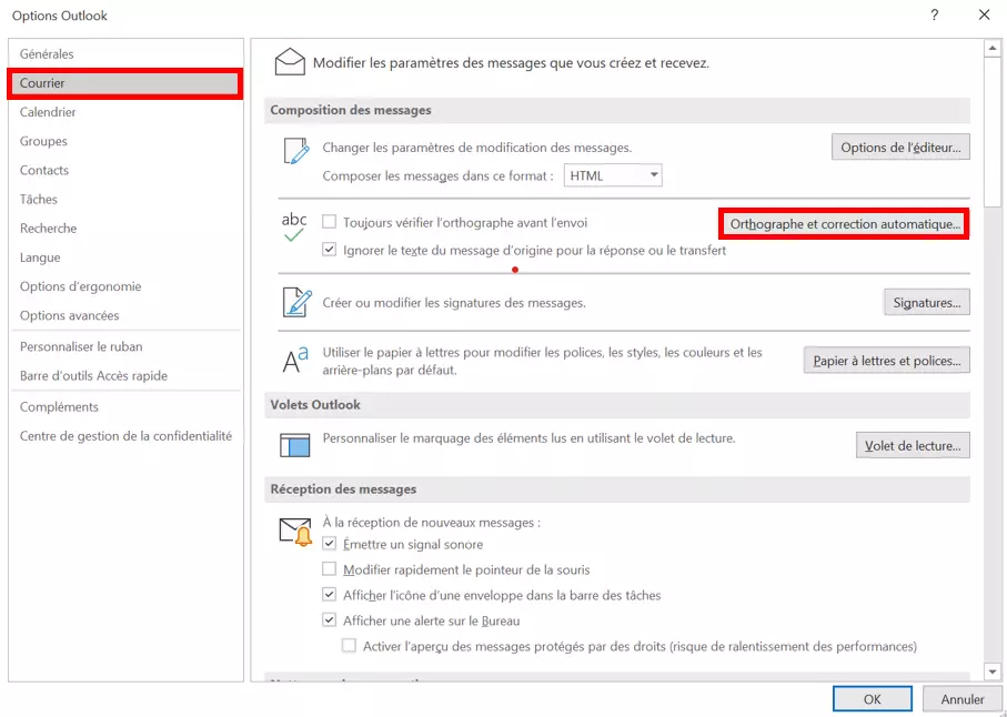 Catégorie « Courrier » dans les options Outlook