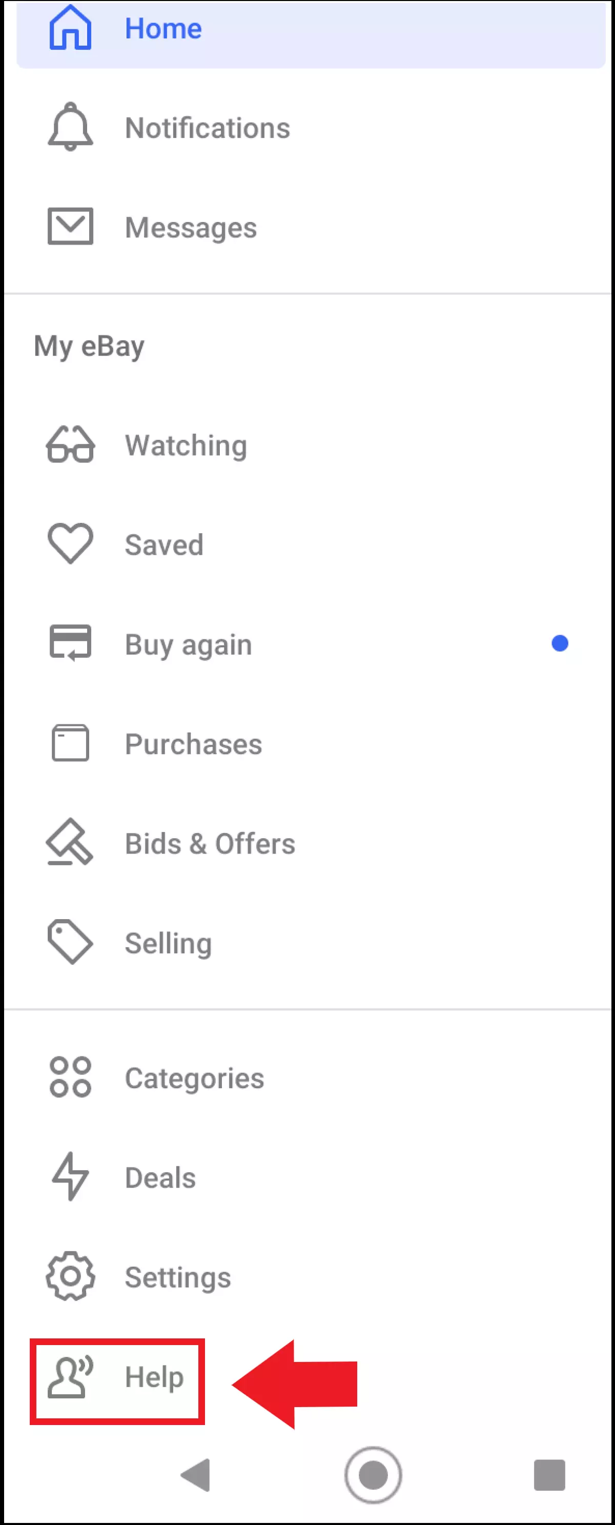 Capture d’écran du menu de l’application eBay avec l’option « Aide » sous Android